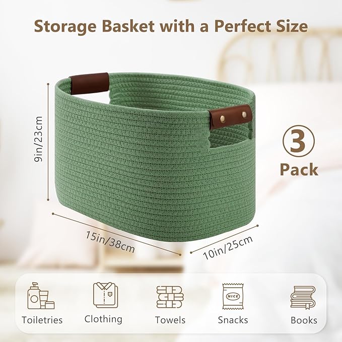 ECDYQXVU Cotton Rope Basket, Storage Baskets with Handle, 15x10x9 Inch Woven Basket for Shelves, Laundry, Towels, Clothes, Books (Green 3Pack)