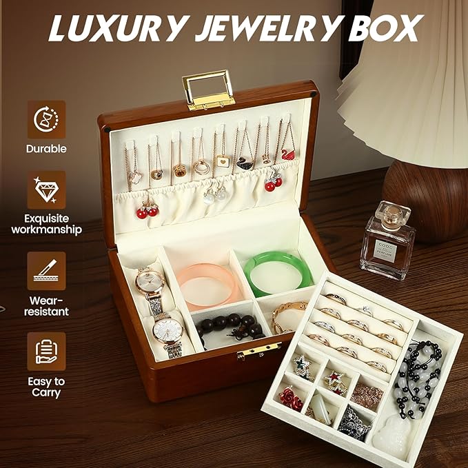Solid Walnut Wood Jewelry Organizer Box with Lock,2-Layer Vintage Jewelry Box for Men Women, Velvet-Lined Storage for Earrings Rings Necklaces Bracelets Watches Gift Beige