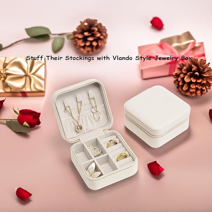 VLANDO Small Travel Jewelry Box Organizer Display Case for Girls Women Gift Rings Earrings Necklaces Storage, Beige