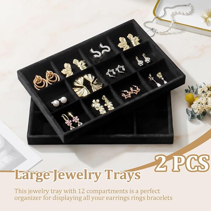 Large Velvet Jewelry Tray 2 Pack Stackable Jewelry Display Drawer Inserts Trays Organizer for Earring Bracelet Necklace Ring (Black, 12 Grids)