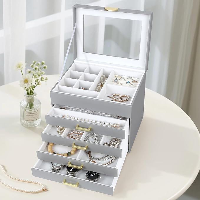 Kendal Jewelry Box, 5-Layer Jewelry Organizer Box with Glass Lid, Gray, Heart Shaped PU Leather, Storage Box for Necklace Earrings Rings Bracelets, Gift Idea for Girls LJC4DRGY