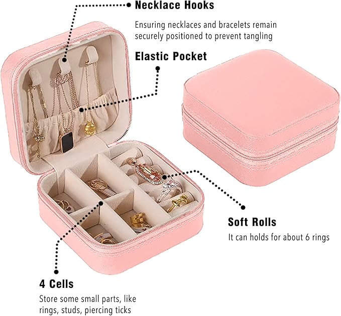 Small Travel Jewelry Box, Portable Mini Jewelry Leather Box Jewelry Ring Organizer Case Storage Holder Gift Boxes for Girls Women, Pink