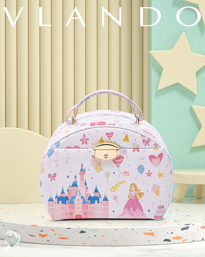 VLANDO Musical Jewelry Box for Girls Kids with Drawer, Music Box with Ballerina and Stickers for Birthday Bedroom Decor, Fantasy Princess