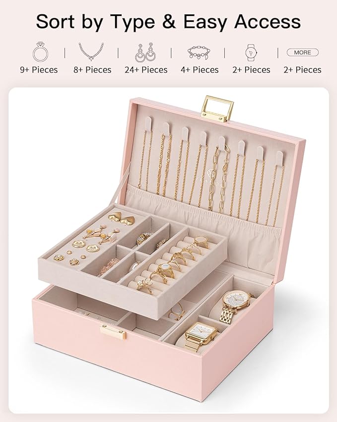 VLANDO 2 Layer Jewelry Box Large Jewelry Organizer for Mothers Day Mom Gifts Jewelery Tray with Watch Pillow for Necklace Earrings Rings Bracelets Jewelry Boxes for Holidays Gifts (Pink)