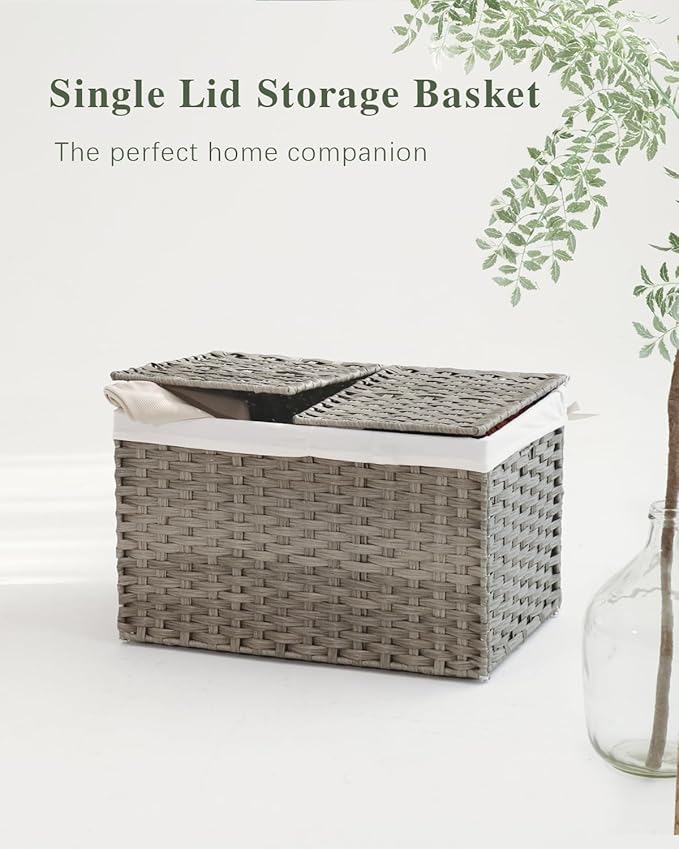 SETVSON Storage Basket with Lid, PE Rattan Woven Storage Baskets with 2 Separate Lids, 17.2 Gallon (65 L), 22.2 x 13 x 13.8 Inches, 2 Removable Liner Bags Handles for Bedroom, Laundry Room Gray