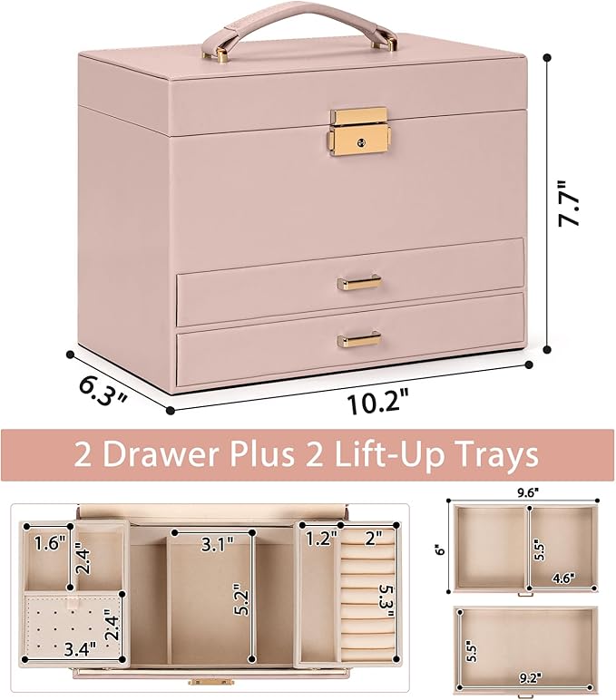 AKOZLIN Travel Jewelry Box Organizer Functional 2-trays Leather Jewelry Storage Case with Lockable Portable 2 Drawers for Women Girls Ring Necklace Earring Bracelet