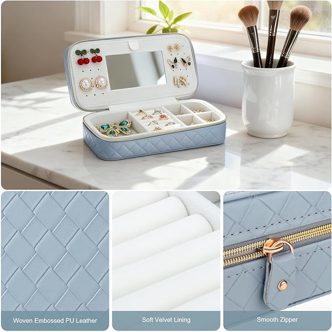 DesignSter Travel Jewelry Case, Woven Embossed PU Leather Jewelry Organizer with Mirror, Small Portable Jewelry Box for Women Rings Necklaces Bracelets Earrings