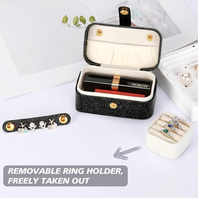 KUKUVR Small Travel Jewelry Box, Mini Jewelry Holder for Multiple Rings Necklace Earrings Lipstick, Portable Jewelry Storage Organizer Case with Removable Ring Slot (BLACK)