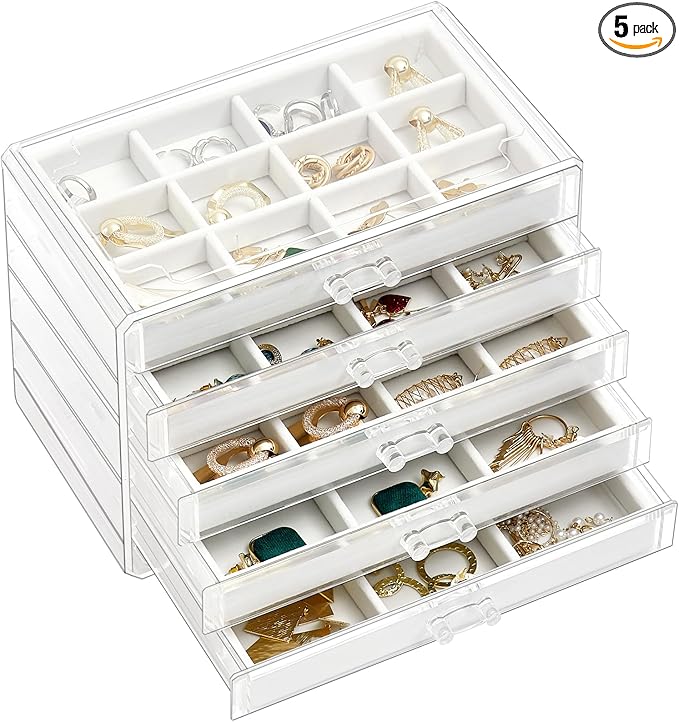 ProCase Earring Holder Organizer Jewelry Box with 5 Drawers, Acrylic Clear Earring Case with Adjustable Velvet Trays for Women - Warmwhite,5 Layers