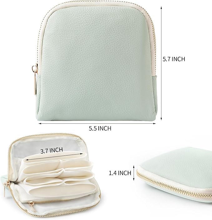 Genuine Leather Travel Jewelry Organizer Case Pouch Bags with Zipper, Small Mini Portable Jewelry Storage Bag for Ring Earrings Necklace Bracelet Travel Essentials Gift for Women（Mint Green）