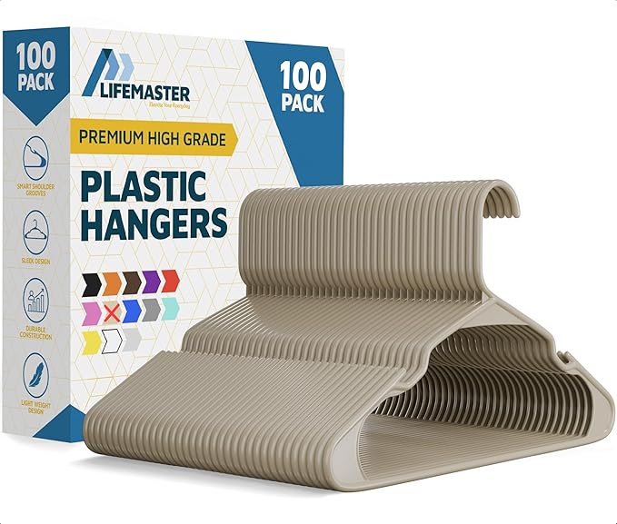 Lifemaster Plastic Clothes Hangers – Heavy Duty Hanger Set, for Organizing Clothes, Dresses, and Coat, Holds Up to 5 lbs, Space-Saving Hangers with Non-Slip Shoulder Grooves, Pack of 100, Ivory