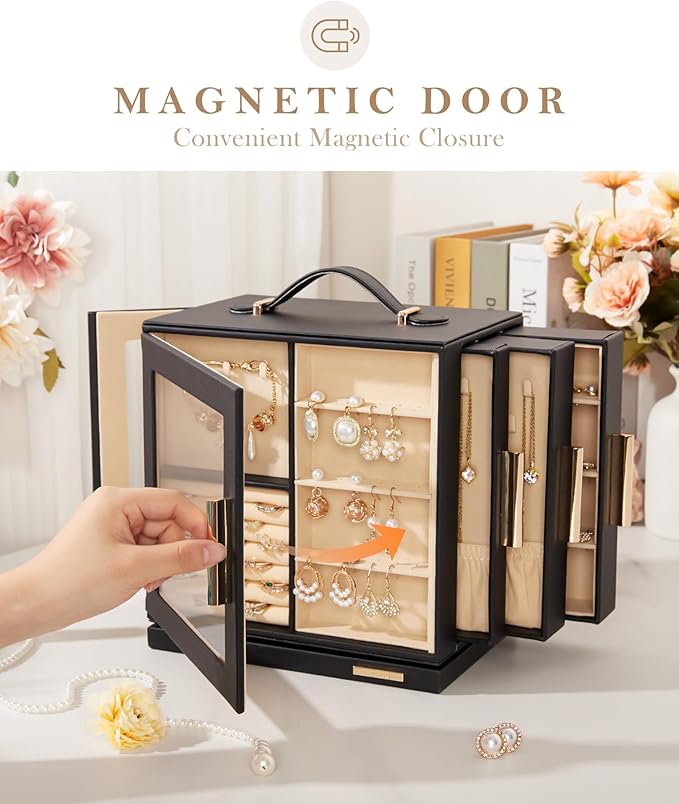 Homde Jewelry Box for Women Large: Rotating Organizer for Ring Earring Necklace Bracelet - 7 Drawers Storage for Dresser (Black)