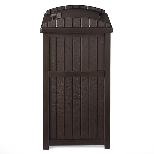 Suncast 5 Pack 33 Gallon Durable Plastic Hideaway Outdoor Garbage Can with Secure Lid & Wicker Design for Home Backyards, Decks, or Patios, Java Brown