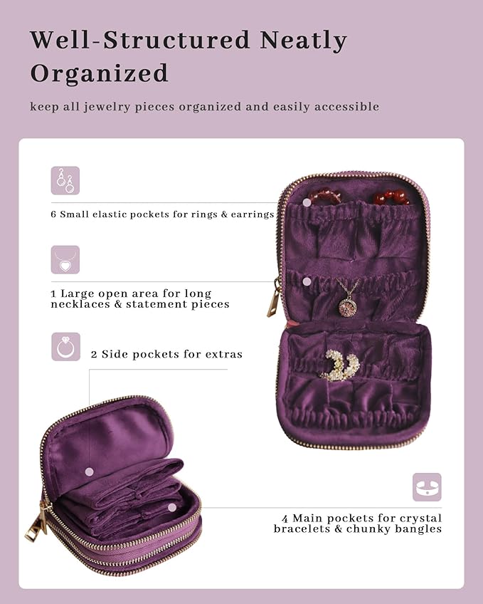 Stratalife 2-Layer Travel Jewelry Case Organizer Compact Storage Bag for Rings Earrings Necklace Bracelet Portable Velvet Jewelry Pouch with Zippers Accessories Travel Essentials Gift for Women Purple