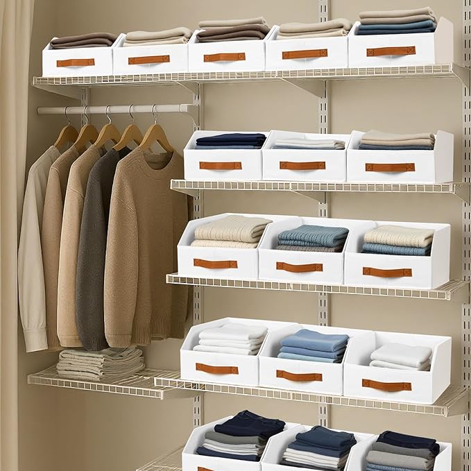 Homsorout Fabric Storage Bins for Organizing - 12 Pack Large Trapezoid Collapsible Storage Bins with Front Handle, Closet Organizers and Storage for Bedroom, Home Shelves, Small Spaces, White