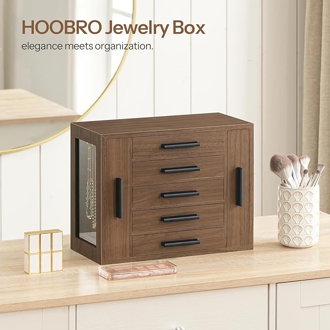 HOOBRO 5-Tier Jewelry Box, Wooden Jewelry Organizer with Transparent Windows, Jewelry Storage Box with 2 Vertical Drawers, for Earring, Necklace, Bracelet, Ring, Watch, Walnut and Black BH19JB04
