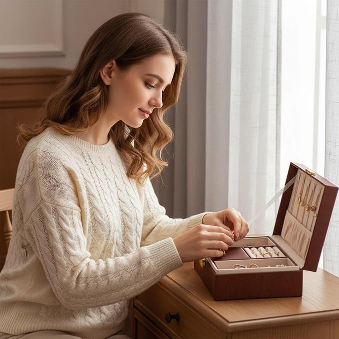 Jewelry Box Organizer for Women Girls Gift, 2 Layer Large Jewelry Storage Case, Vintage Wood PU Leather Display Jewellery Holder with Removable Tray for Necklace (Black walnut wood grain)