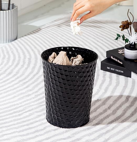 Venalys Small Metal Trash Can Wastebasket, Decorative Honeycomb Garbage Can Waste Basket, Modern Farmhouse Round Trash Bin for Bathroom, Bedroom, Kitchen and Office (Black)