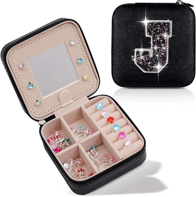 Uygafly Travel Jewelry Case - Personalized Jewelry Box for Women,Small Jewelry Organizer Cute Jewelry Organizers and Storage Aesthetic,Travel Essentials Birthday Gifts for Girls Women | Black,J