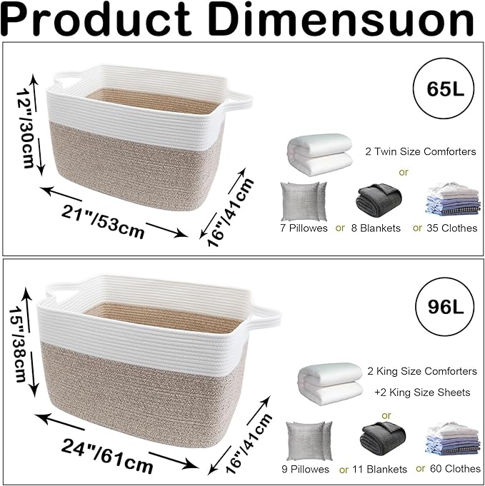 96L Large Blanket Basket,24"x16"x15"Rectangle Storage Bin with Handles,Woven Rope Laundry Basket for Toys, Clothes,Magazines,Home Organization,Nursery,Living Room & Bedroom,White & Brown