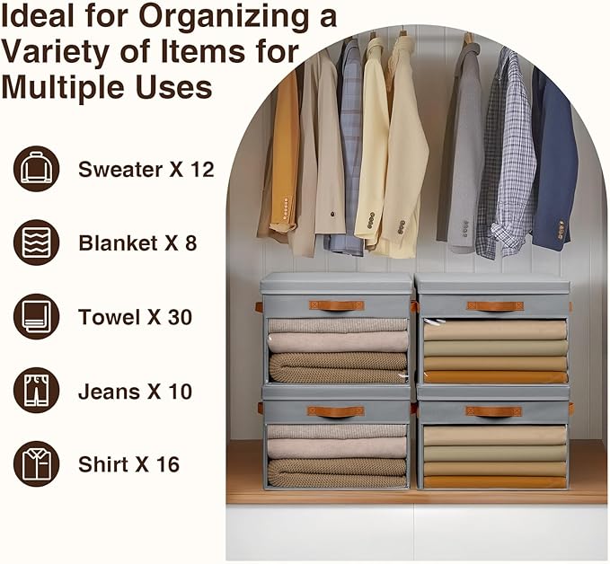 Homsorout Large Storage Bins with Lids - 4 Pack Foldable Decorative Organizers with Clear Windows & Handles, Cube Storage Organizers for Clothes, Blankets, Sweaters, Sheets, Grey