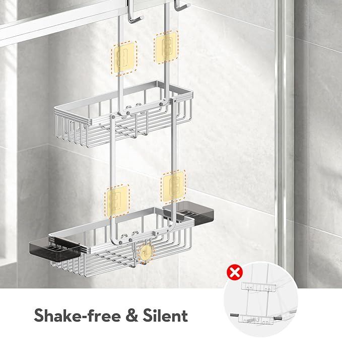 Over the Door Shower Caddy Hanging With Double Soap Holder Never Rust Aluminum Shower Shelf With 4 Hooks Hanging Bathroom Organizer No Drilling Shelves for Bathroom Storage Silver