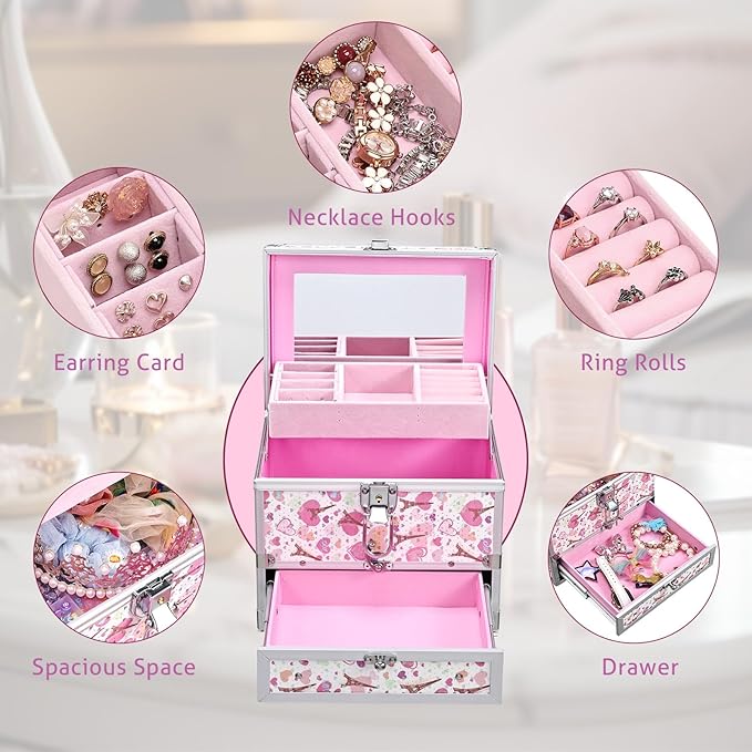 Hododou Girls Jewelry Box Organizer with Drawer & Mirror, Shiny Pink Style Lockable Storage Case for Kid or Little Girls Jewelry and Hair Accessories Pink Tower