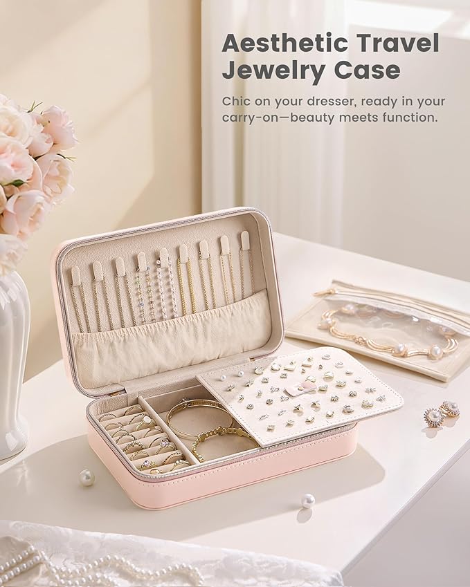 Lolalet Travel Jewelry Case for Women Girls, PU Leather Jewelry Organizer with Clear Storage Bag Small Portable Jewelry Box for Necklace Bracelet Earring Ring Mothers Day Birthday Gifts -Large/Pink
