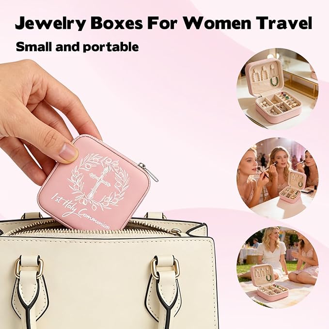 2 Pcs First Communion Travel Jewelry Box, Small Pink Case with Zipper & Soft Lining, Christian Keepsake Organizer for Rings Earrings Necklaces, Religious Keepsake Gift for Girls (2, Pink)