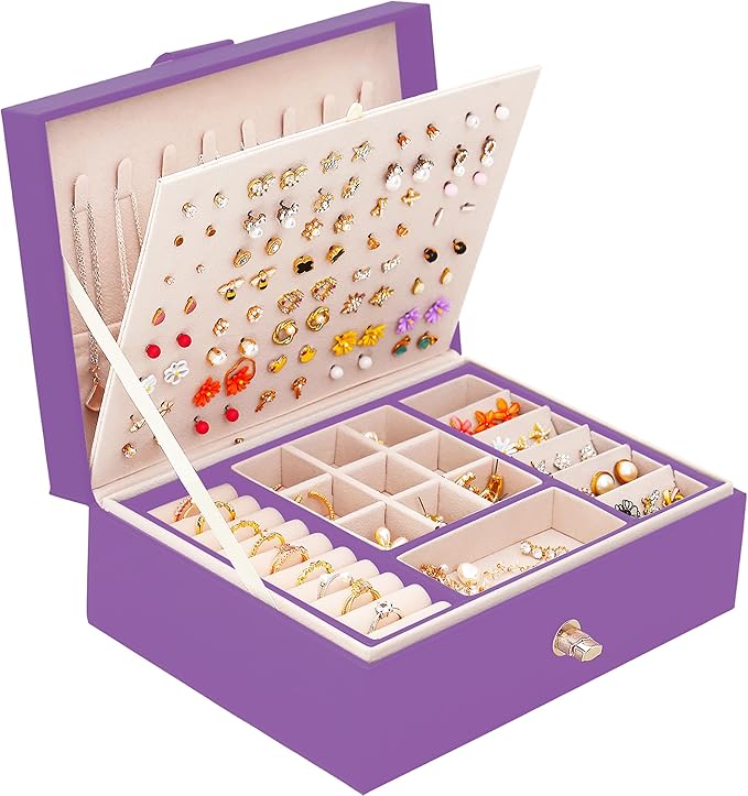 QBestry Girls Jewelry Box for Earrings Jewelry Organizer Box Teen Girls Earrings Organizer Jewelry Box with Earring Holder Organizer Stud Earring Box for Girls Womens Jewelry Case Organizer Purple