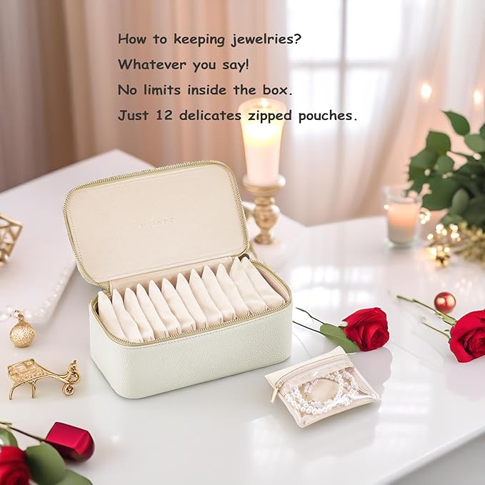 VLANDO Travel Jewelry Box Organizer – Portable PU Leather Jewelry Case with 6/8/12 Zippered Pouches, Compact Storage for Earrings Rings Necklaces Bracelets, Offwhite