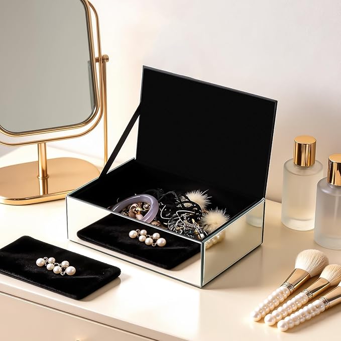Luxury Mirrored Jewelry Box with Crushed Diamond - Glass Jewelry Box Organizer Storage Ring Holder Case for Women