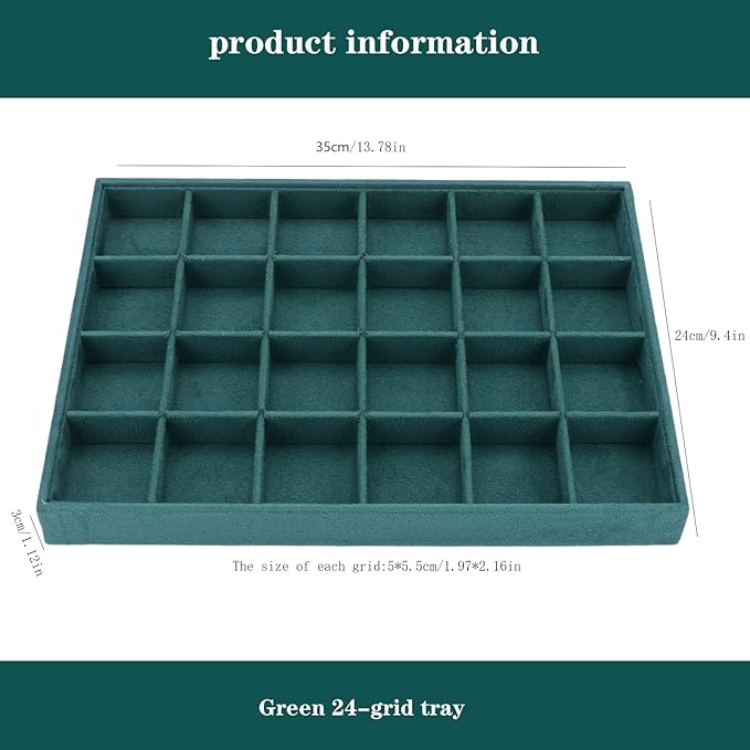 Large Velvet Jewelry Tray, Drawer Organizer for Jewelry in Dresser, Stackable Jewelry Drawer Organizer Inserts for Earring Necklace Bracelet Rings(Green,24grid)
