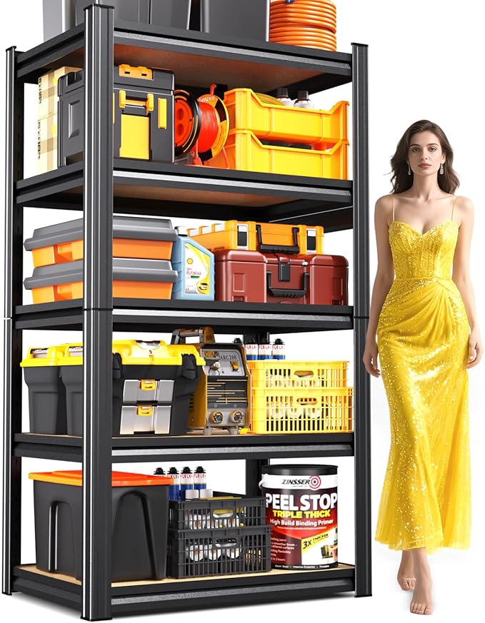Garage Shelving Heavy Duty 5-Tier Storage Shelves, Adjustable Shelving Unit, Utility Garage Organizer Shelf for Basement, Pantry, Kitchen, Warehouse,Supermarket, 12" Dx28 Wx71.2 H, Black