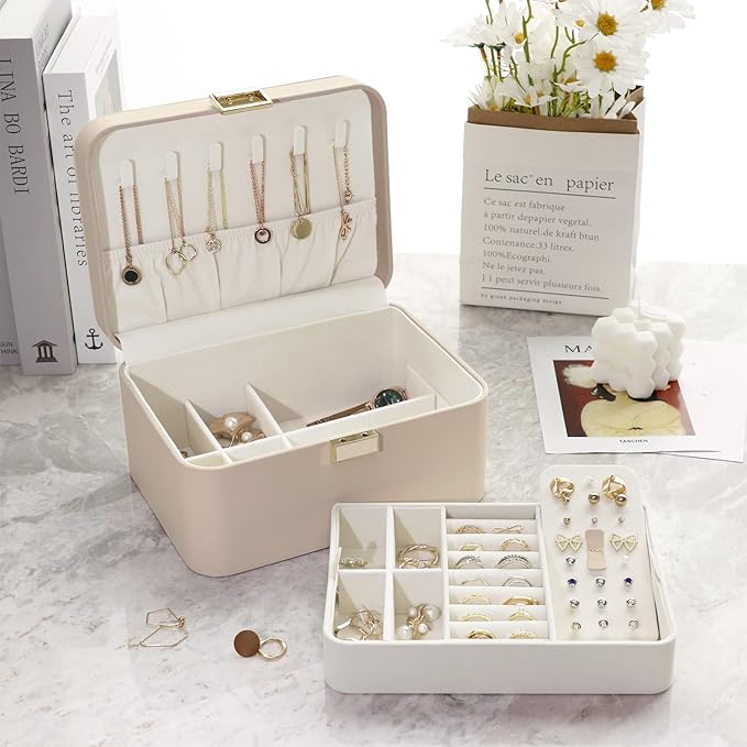 KAMIER Jewelry Organizer,2 Layer Jewelry Organizer Box for Earrings Bracelets Rings Necklaces,Luxury Leather & Soft Velvet Lined,Gift Box Packaging,Beige