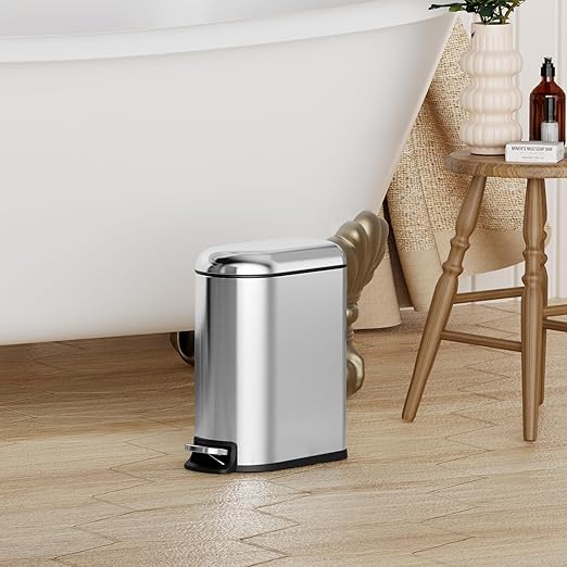 CEROELDA Small Bathroom Trash Can with Lid Soft Close, 5L/1.3 Gallon Stainless Steel Slim Garbage Can, Metal Waste Basket with Step Pedal, for Office, Bedroom, Toilet, Dorm Room (Silver, 1.3 Gallon)