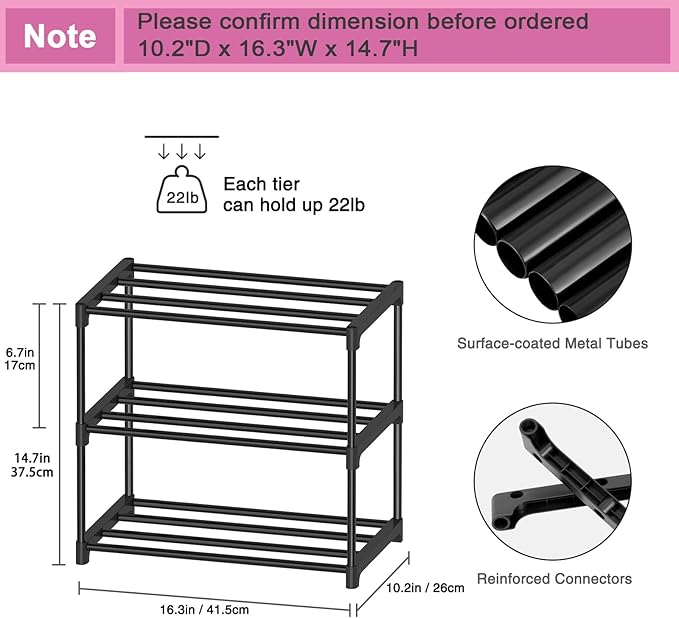 Autonomier 3 Tier Extra Small Shoe Rack (16.3" Wide), Narrow Stackable Shoe Shelf for Kids Toddler Adult, Lightweight Shoe Rack Stand for Closet Dorm Storage Organizer, Front Door Entrance, Entryway