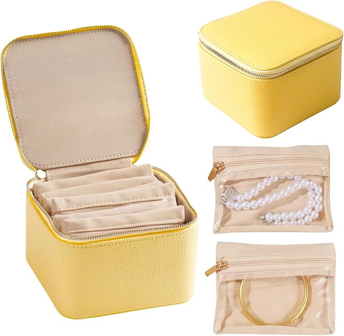 Travel Jewelry Organizer, Travel Jewelry Box with 6 Velvet Zipped Pouches Bags for Jewelries Necklaces Rings Earrings Sorting Storage for Women Girl Gifts, Butter Yellow
