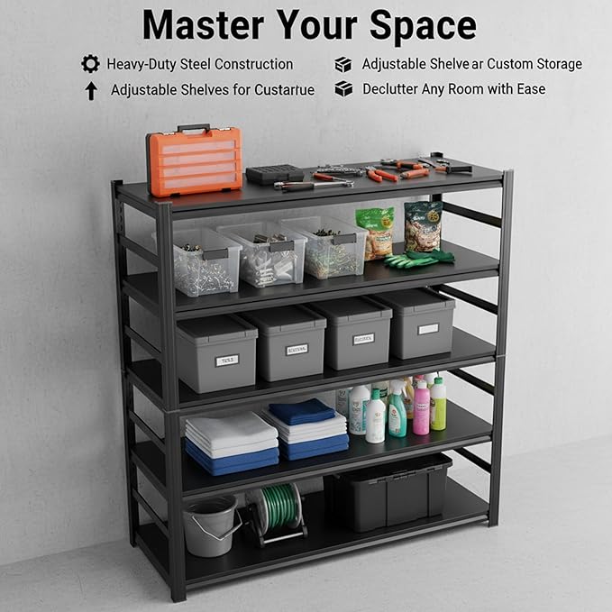 48" W Garage Shelving,5 Tier Heavy Duty Shelving,Garage Storage Shelves, 3300 lbs Capacity, Industrial Shelves for Heavy Tools and Equipment, Ideal for Garage, Basement, Black