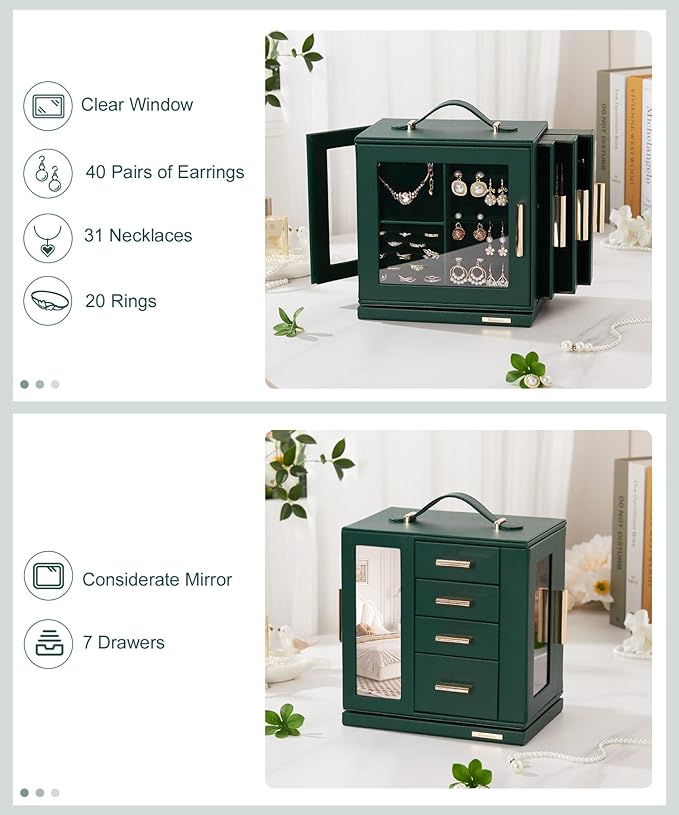 Homde Jewelry Box for Women Large: Rotating Organizer for Ring Earring Necklace Bracelet - 7 Drawers Storage for Dresser (Forest Green)