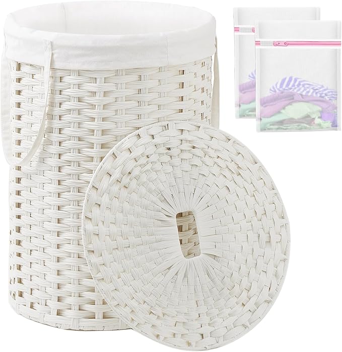 SETVSON Laundry Basket with Lid Round Rattan Laundry Hamper with Lid and Handles 29.1 Gal (110 L) Handwoven Woven Basket with Removable Bags and 2 Mesh Bags for Bathroom Living Room White