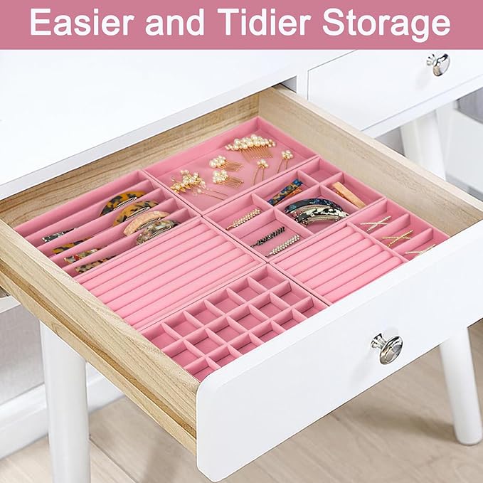 12Pcs Velvet Stackable Jewelry Trays, Jewelry Drawer Organizer, Large Removable Display Jewelry Tray, Necklace Bracelet Storage Box for Earring, Ring, Brooch, Watch (Pink)