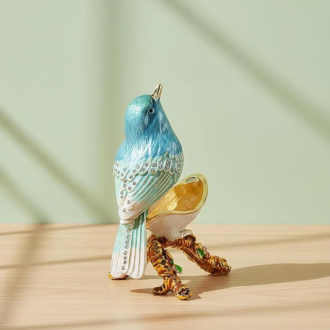 YU FENG Enamel Bird Trinket Box Jewelry Organizer, Hand Painted Decorative Hinged Keepsake Box – Blue Green Perched Bird