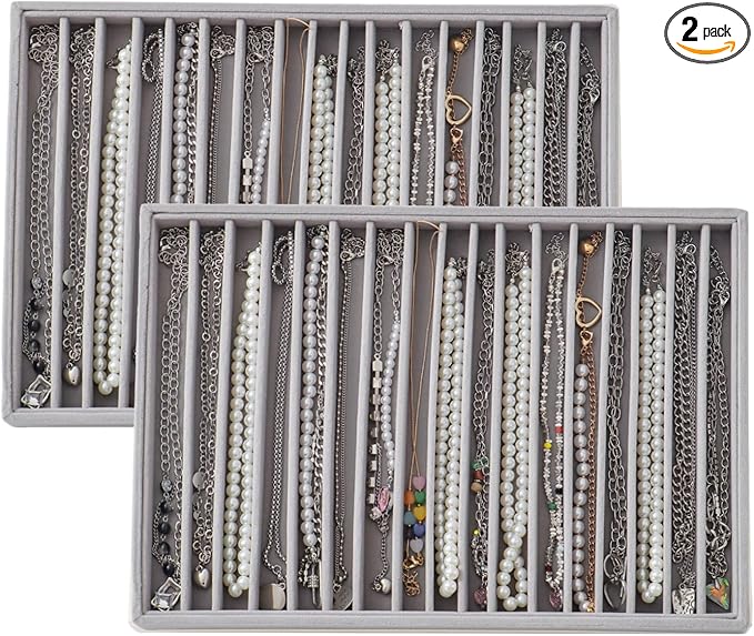 Large Velvet Jewelry Tray 2 Pack Stackable Jewelry Display Drawer Inserts Trays Organizer for Earring Bracelet Necklace Ring (Gray, 16 Grids)