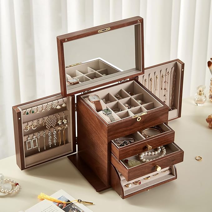 Black Walnut Wooden Jewelry Box, Wood Jewelry Organizer with 2 Side Doors Mirror Lockable Classical for Watch Necklace Ring Earring Mothers Day Gifts for Mo-4 Layer with Curved Ring Grooves
