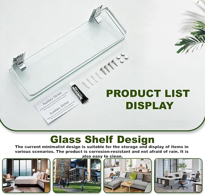 AIJALY 2 Pack Bathroom Glass Shelf,15.7 Inches Silver Bathroom Shower Glass Shelf Wall-Mounted, Metal Storage Floating Kitchen Shelf