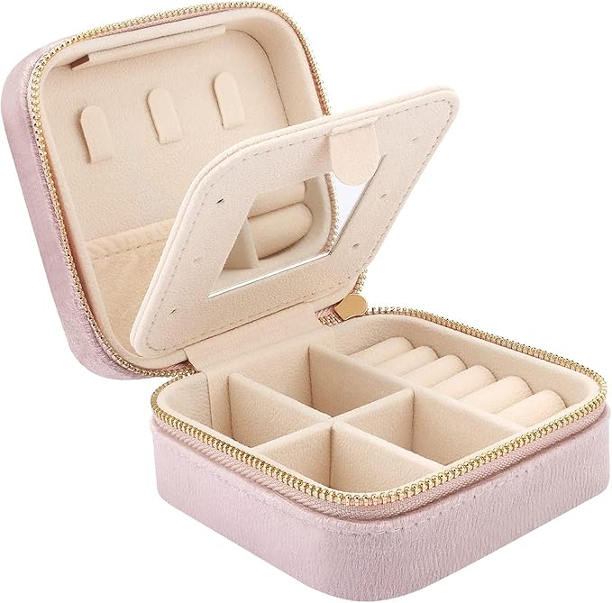 DesignSter Travel Jewelry Box - Velvet Mini Jewelry Organizer, Small Jewelry Case for Girls Women, Jewelry Storage Box for Rings Earrings Necklace (Square, Lotus Pink)