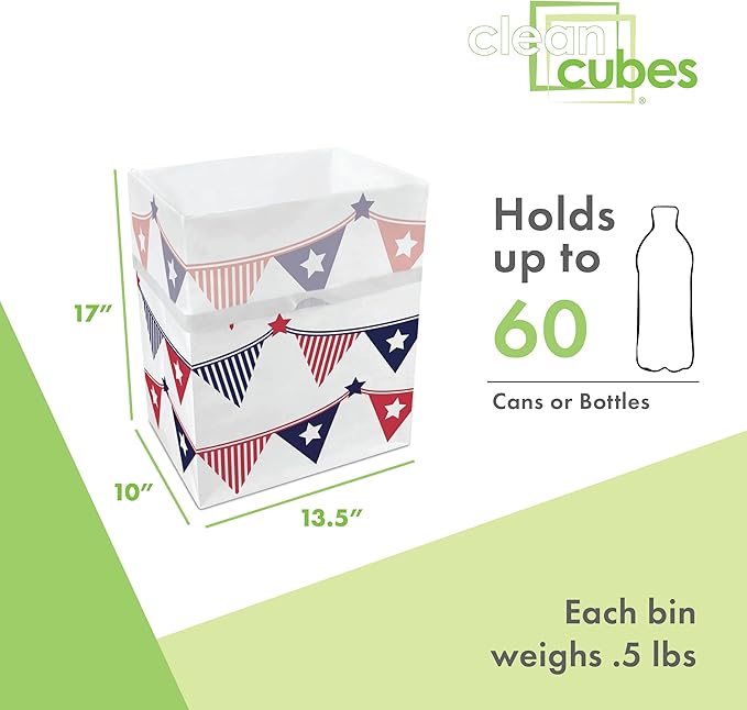Clean Cubes 13 Gallon Disposable Pop-Up Trash Cans (3-Pack) with Fitted Bags – Foldable Garbage & Recycling Bins for Parties, Events & Kitchen (USA Flag, 17" H x 13.5" W x 10" D)