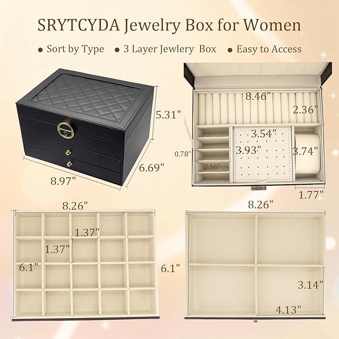 SRTCYDA Jewelry Box for Women, Large PU Leather jewelry organizers and storage, 3-Layer Jewelry Storage with 2 Drawers, Space-Saving Design for Vanity, Holds All Types of Jewelry (Black)
