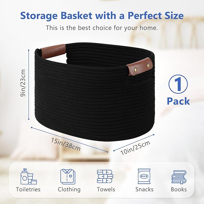 ECDYQXVU Cotton Rope Basket, Storage Baskets with Handle, 15x10x9 Inch Woven Basket for Shelves, Laundry, Towels, Clothes, Books (Black 1Pack)